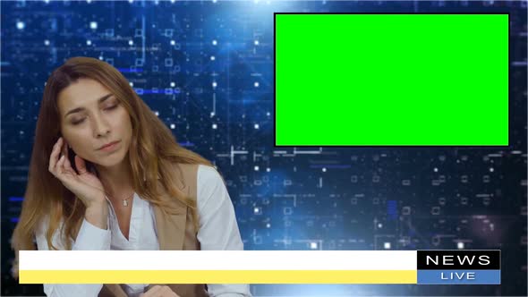 Female News Presenter in Broadcasting Studio With Green Screen Display For Mockup Usage