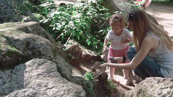 Young Beautiful Mother with Her Daughter Feeding a Chipmunk in the Woods, Among Stones