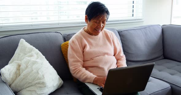 Senior woman using laptop in living room