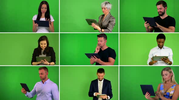  Compilation (Montage) - Group of Nine People Work on Tablet - Green Screen
