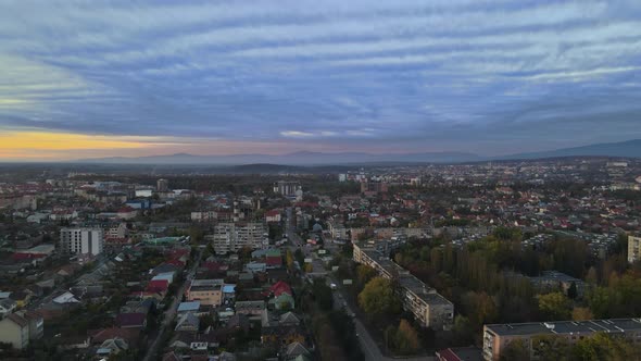 Streets and Architecture of the Foggy During Sunrise View of the Old City of Uzhgorod in Ukraine