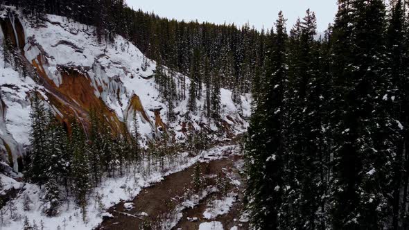 Waterfall and creek in pine forest following reveal mountains snowing