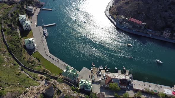 Aerial Panoramic View of Balaklava Landscape with Boats and Sea in Marina Bay on Sunny Day