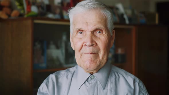 Portrait of senior old 90 years man with gray hair, looking at camera calmly	