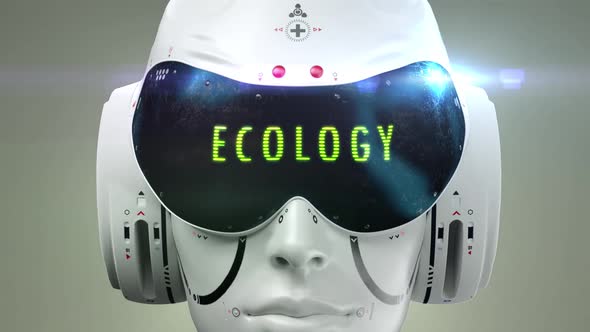 artificial Intelligence. sci fi robot head close-up. the inscription "ecology"