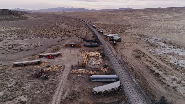 Aerial view of train car wreckage after derailment in Utah during clean up