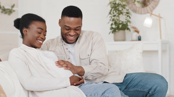 Happy African American Family Married Afro Ethnic Couple Caring Black Husband Stroking Pregnant