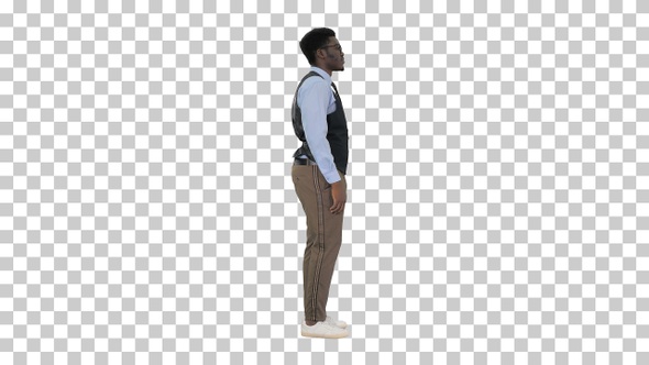 Young African American businessman standing, Alpha Channel