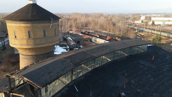 Aerial drone view of old and abandoned locomotive depot. Polish railways. Pyskowice, Poland.