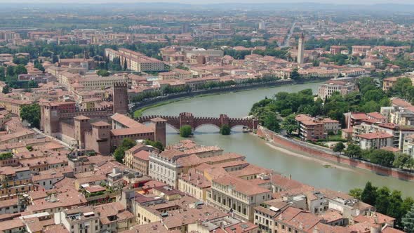 Aerial view of The Castel Vecchio Bridge or Scaliger Bridge in Verona, Italy