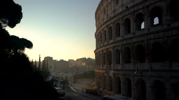 Rome Colosseum and crowded street of Rome , Italy