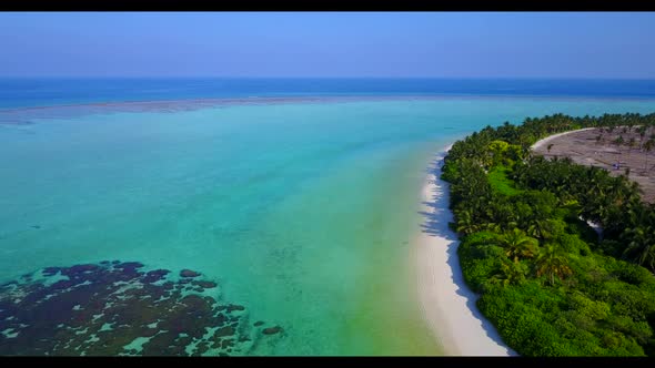 Aerial flying over tourism of exotic coast beach trip by transparent lagoon with white sandy backgro