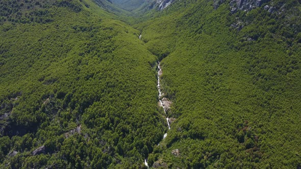 Drone shows us the natural beauties of our planet, forests, river, cliff and waterfall.