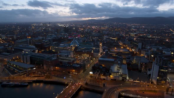 Belfast city centre aerial flyover. River Lagan