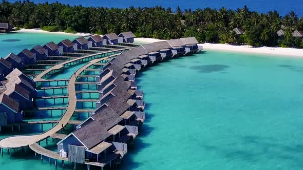 Aerial panorama of exotic resort beach by clear lagoon and sand background