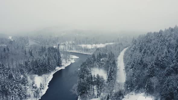 Foggy Winter Landscape - Drone Flying  - 4K - Mountains - River