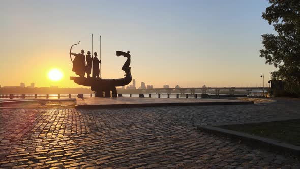 Symbol of Kyiv - a Monument To the Founders of the City in the Morning at Dawn. Ukraine. Aerial