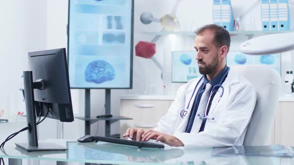 Medical or Scientific Center a Nurse Brings a Clipboard with Lab Result To Doctor