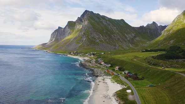 Flying Above Vikten Beach on Lofoten Islands in Norway