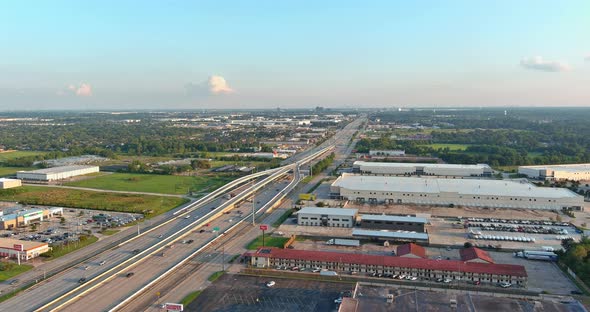 Aerial view interstate 45, highway road junction at southeast side of Houston, Texas