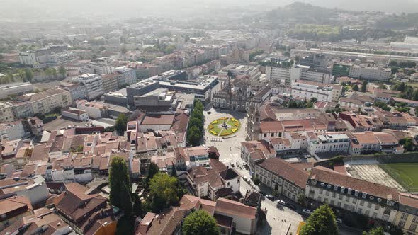 Carlos de Amarante square of Igreja do Sao Marco church in Braga, Portugal. Aerial orbit