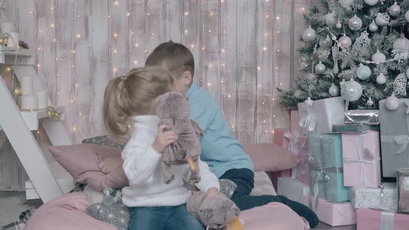 Active Joyful Blond Siblings Play with Soft Toys in Room