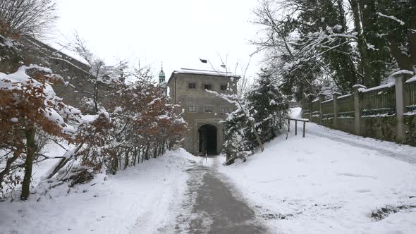 Snowy alley leading to the fortress