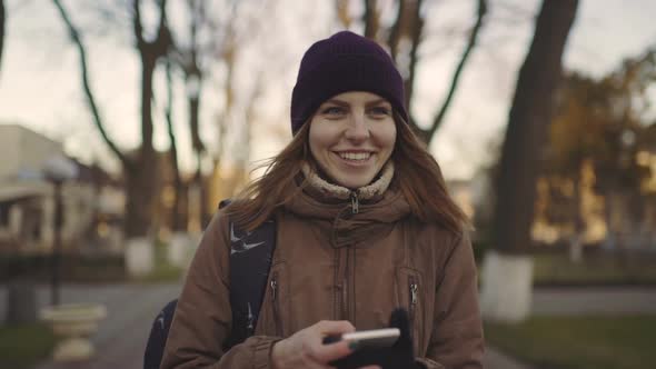 Beautiful Woman Using Smart Phone Technology App Walking Through City Streets Living Urban Happy