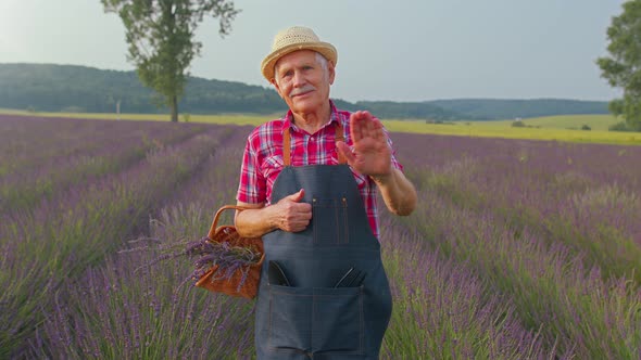 Senior Man Grandfather Farmer Growing Gardening Lavender Plant in Herb Garden Waving Hands Hello
