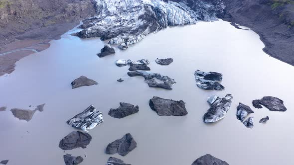 Aerial View of Floating Icebergs in Fjallsarlon Glacier, Iceland. Climate Change, Global War Concept