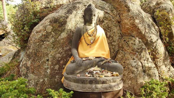 Buddha statue with small offerings around it at the stupa in Red Feather Lakes, CO