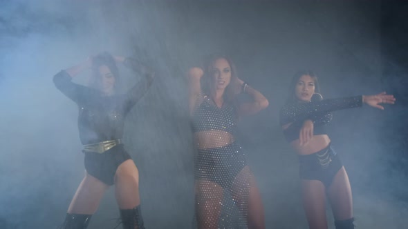 Trio of Professional Gogo Female Dancers is Performing Dance in Nightclub