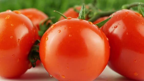 Cherry tomatoes close-up. Rotating on a green background Macro shot. Garden, gardening concept