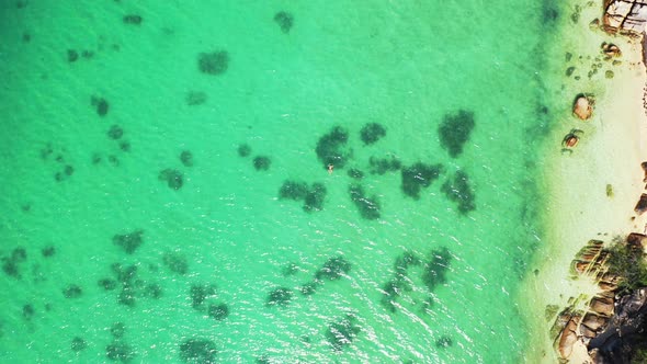 Tropical birds eye copy space shot of a paradise sunny white sand beach and turquoise sea background