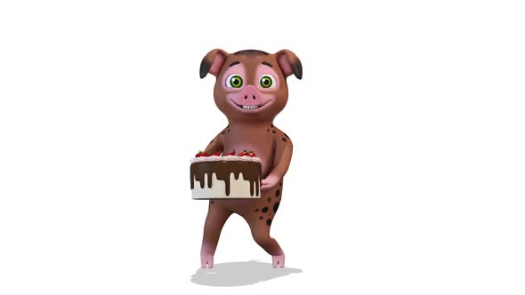 Brown Pig Congratulates And Dances With A Cake on White Background