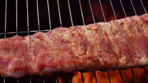 Closeup of the Delicious Raw Ribs Placed on the Grill Grid