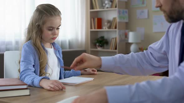 Strict Dad Forcing Little Daughter to Do Homework, Education, Family Relations