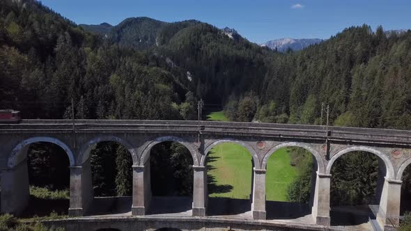 Aerial of Train on Viaduct in Semmering Railway, Austria