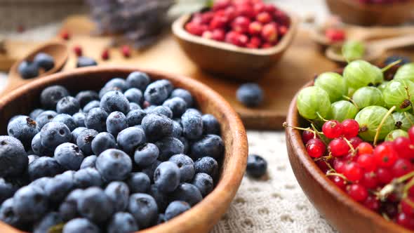 Blueberries, Gooseberry, Bilberries, Red Currants, Raspberries On Table