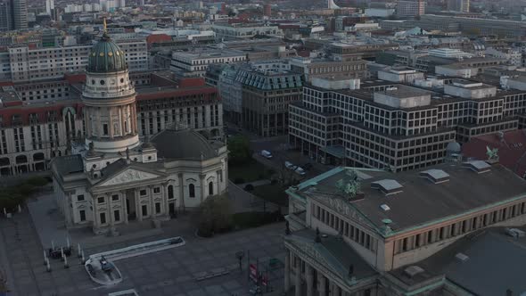 AERIAL: Empty Berlin Gendarmenmarkt Square with View on German Church and Konzerthaus During