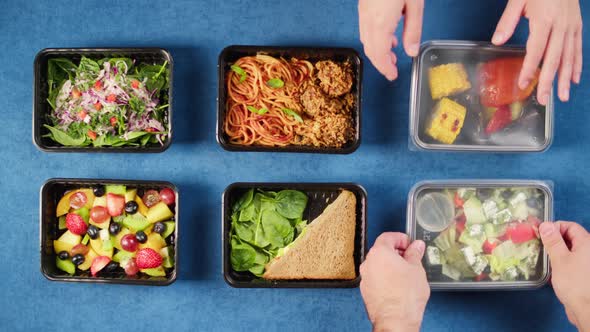 Closing Take Away Meals Top View Food Delivery in Disposable Containers Balanced Nutrition