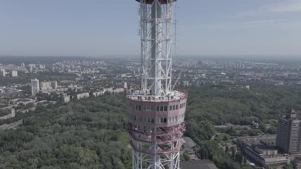 The Architecture of Kyiv. Ukraine: TV Tower. Aerial View. Slow Motion, Flat, Gray