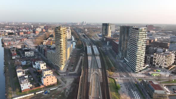 Amsterdamn Amstel Urban City Aerial Drone View Transportation and Urban Residential Construction