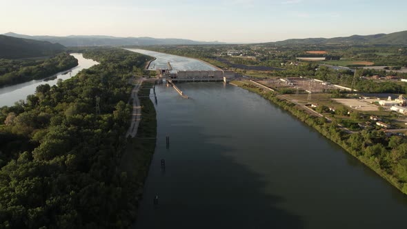 Flight above power plant in France, renewable energy