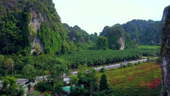 Aerial Shot Passing Through Rocks Mountains Road Krabi Thailand