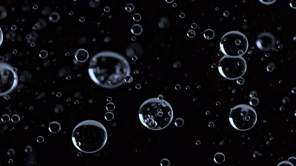 Super Slow Motion Macro Shot of Rising Various Bubbles on Black Background at 1000 Fps