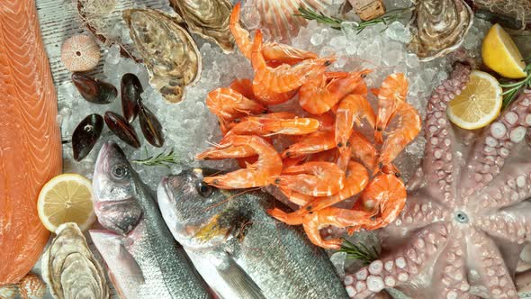 Super Slow Motion Shot of Falling Fresh Prawns Into Crushed Ice at 1000 Fps