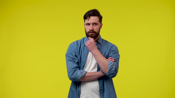 Portrait of a Bearded Man Thinking Intently Putting His Hand on His Chin Raising His Index Finger an