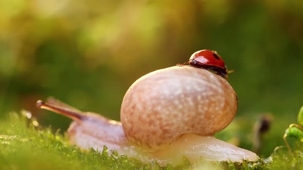 Close-up Wildlife of a Snail and Ladybug in the Sunset Sunlight.