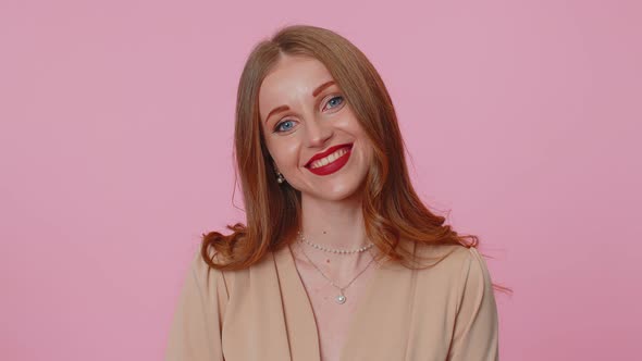 Cheerful Lovely Teenager Student Girl Fashion Model in Beige Blouse Smiling and Looking at Camera